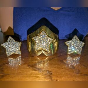 EVC SUPER RARE!GOLD TONE & CLEAR RHINESTONES CLAMPER BRACELET  MATCHING EARRINGS